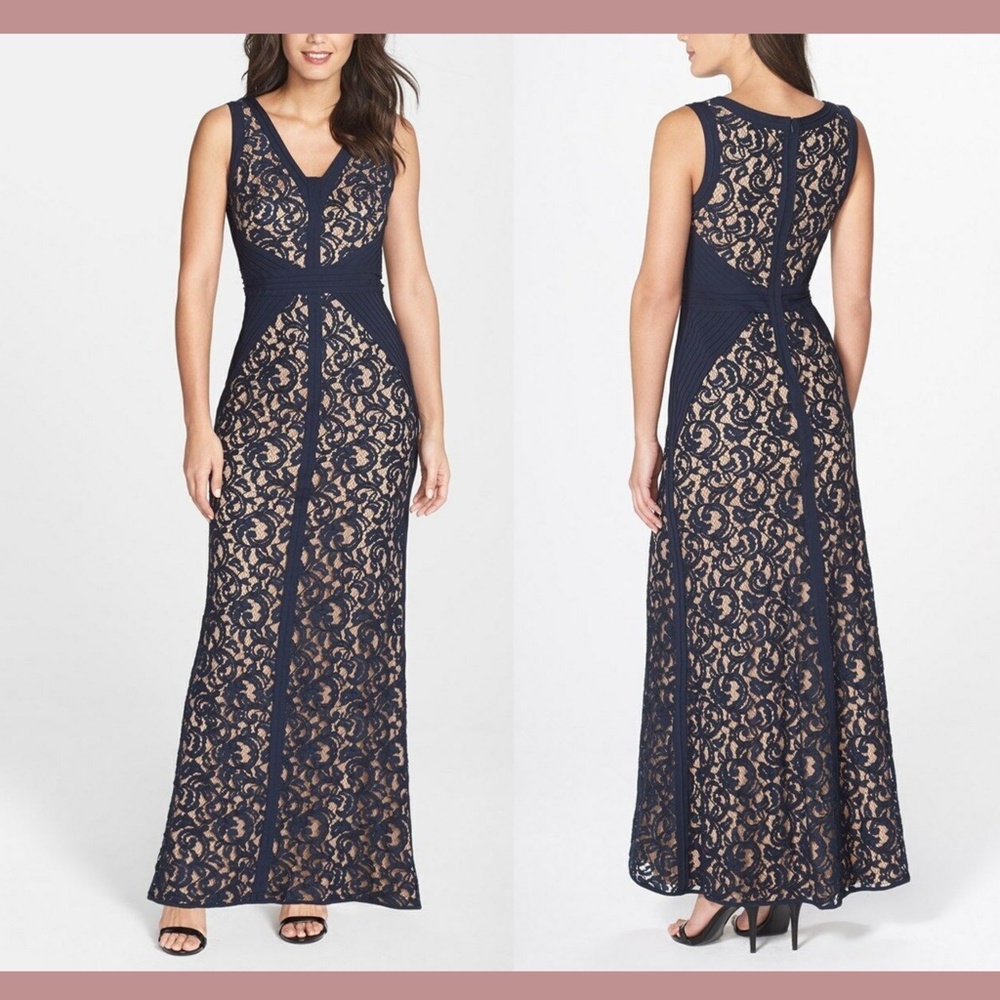 NEW Tadashi Shoji [ 4 ] Lace & Pintuck Jersey Gown in Navy Nude‎ Wedding Events